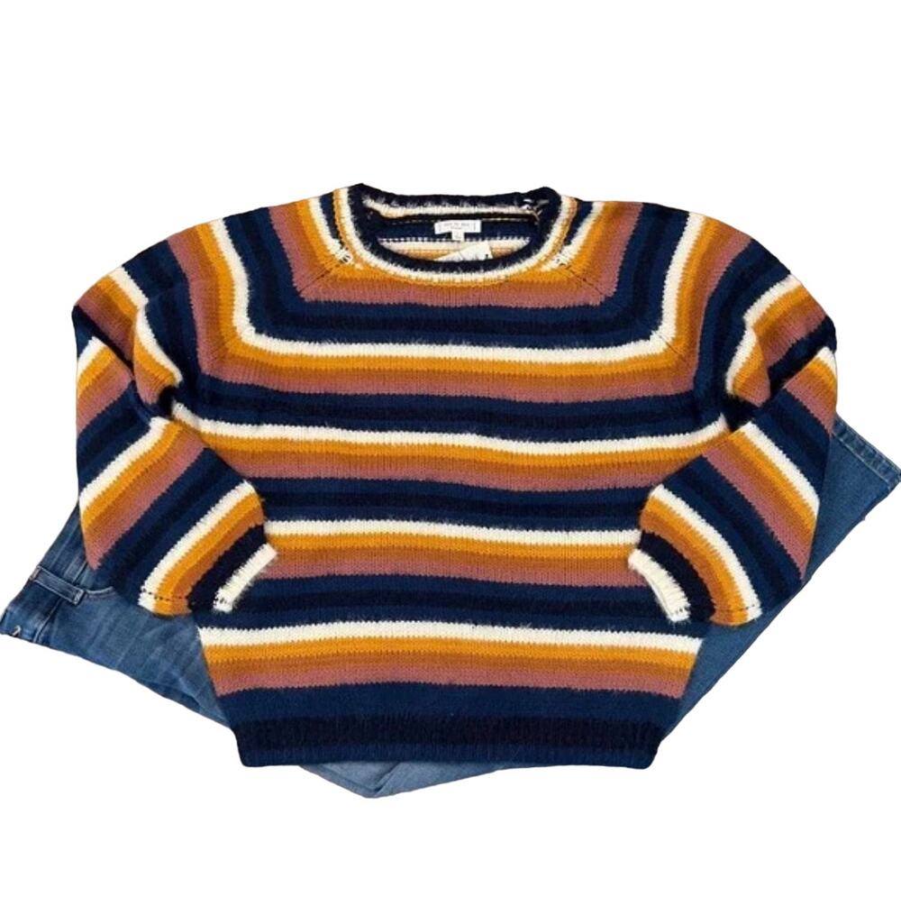 NWT Francesca's Blue, Pink, Gold, & Cream Striped Crewneck Sweater - SIZE LARGE